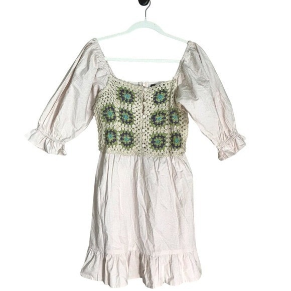 NEW -ASOS Crochet Mini Cream Tiered Dress Peasant Granny Squares Size 0 - Picture 2 of 16